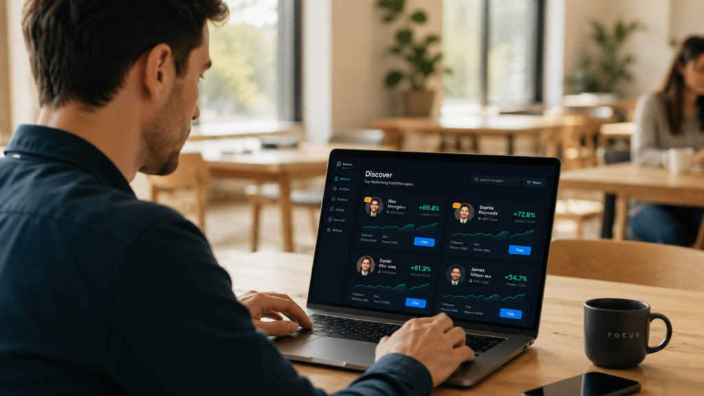 White label copy trading platform interface showing fund manager profiles and performance metrics for new brokerage operators