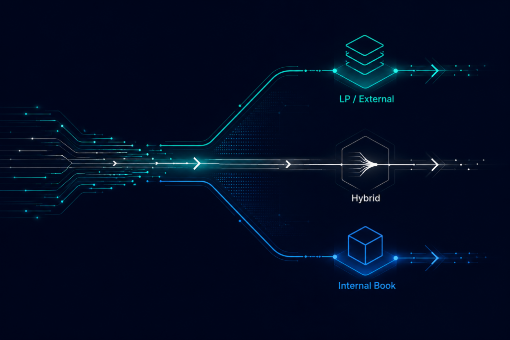 Diagram showing three forex broker execution models — A-book LP routing, B-book internalization, and hybrid execution — as diverging data paths