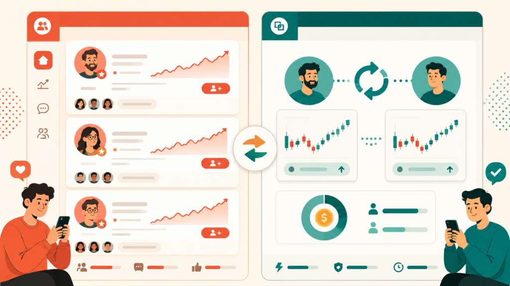 Side-by-side comparison of social trading feed versus automated copy trading mirroring for new brokerage operators