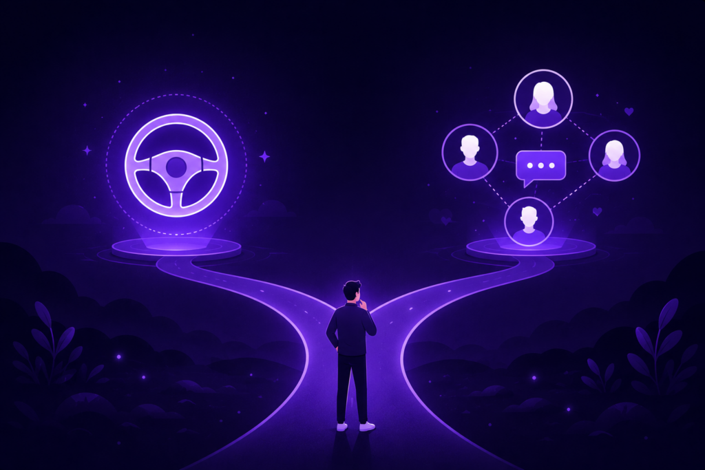 Illustration comparing hands-off copy trading and community-driven social trading paths for new brokerage owners
