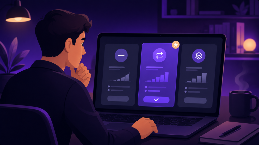 Illustration of a new brokerage operator comparing crypto exchange fee model options before launch