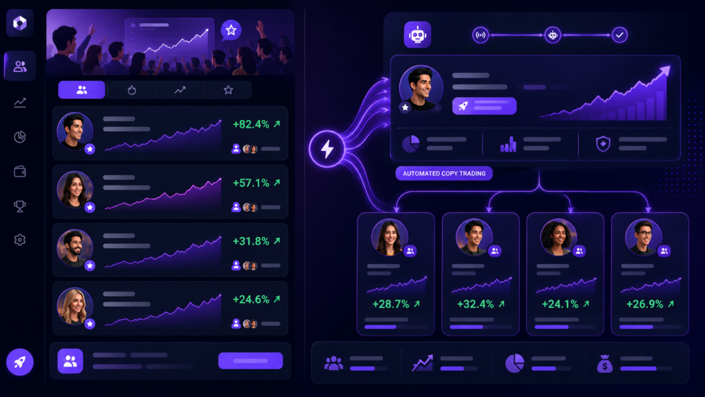 Illustration of a new brokerage dashboard showing a social trading community feed growing into an automated copy trading panel