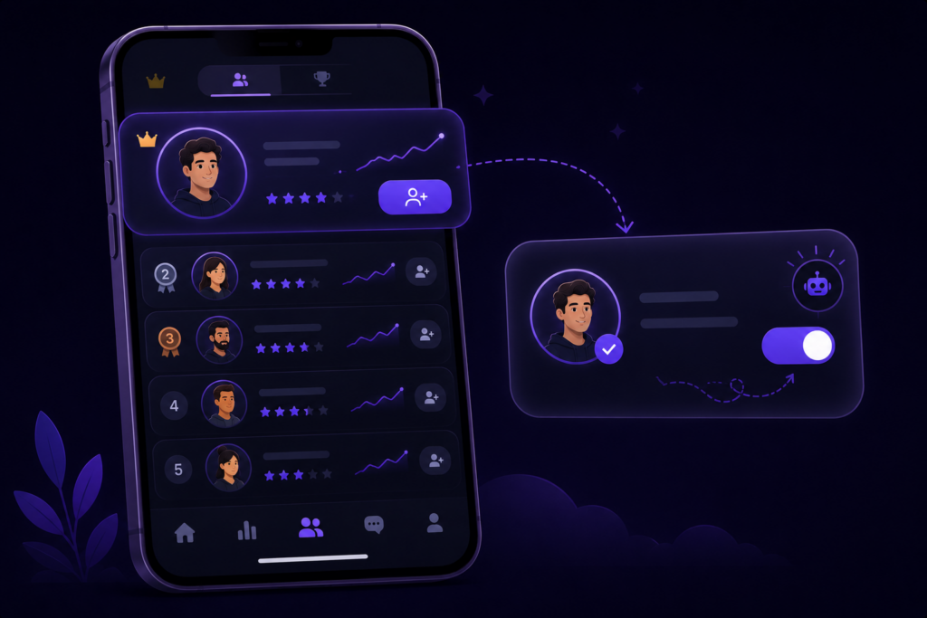 Mobile app mockup showing a trader leaderboard with a follow button and an auto-copy toggle for new brokerage operators